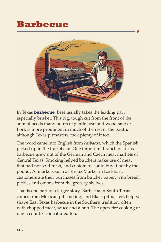 Sample page: Barbecue, with an illustration of a pitmaster slicing brisket.